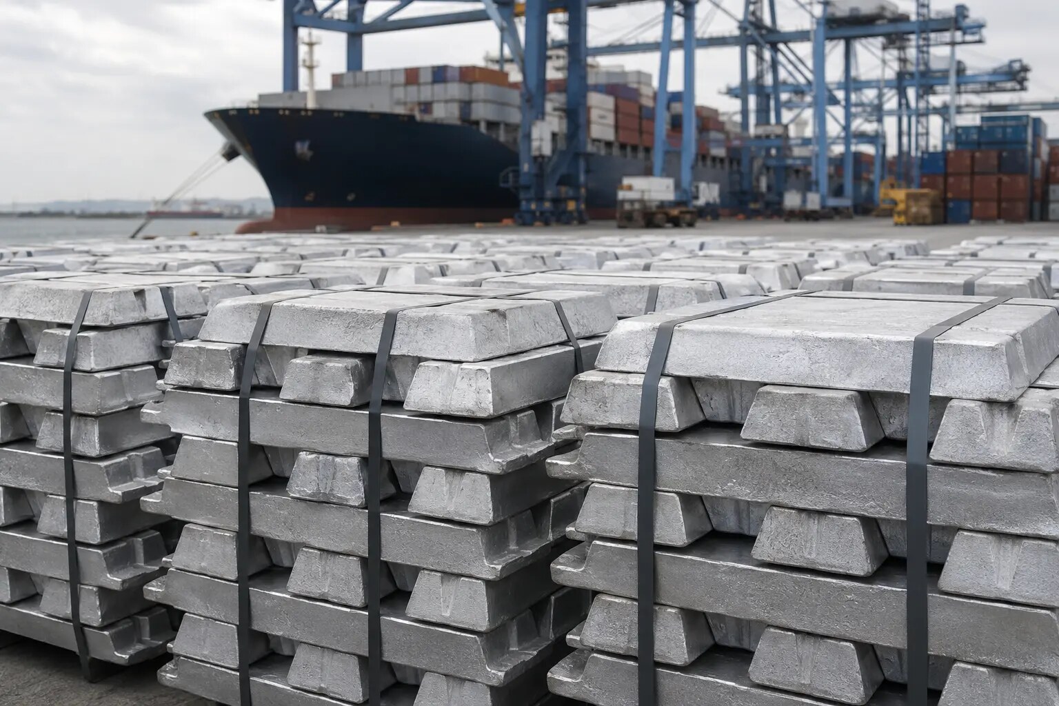 Representative aluminum ingot bundles at an international container terminal