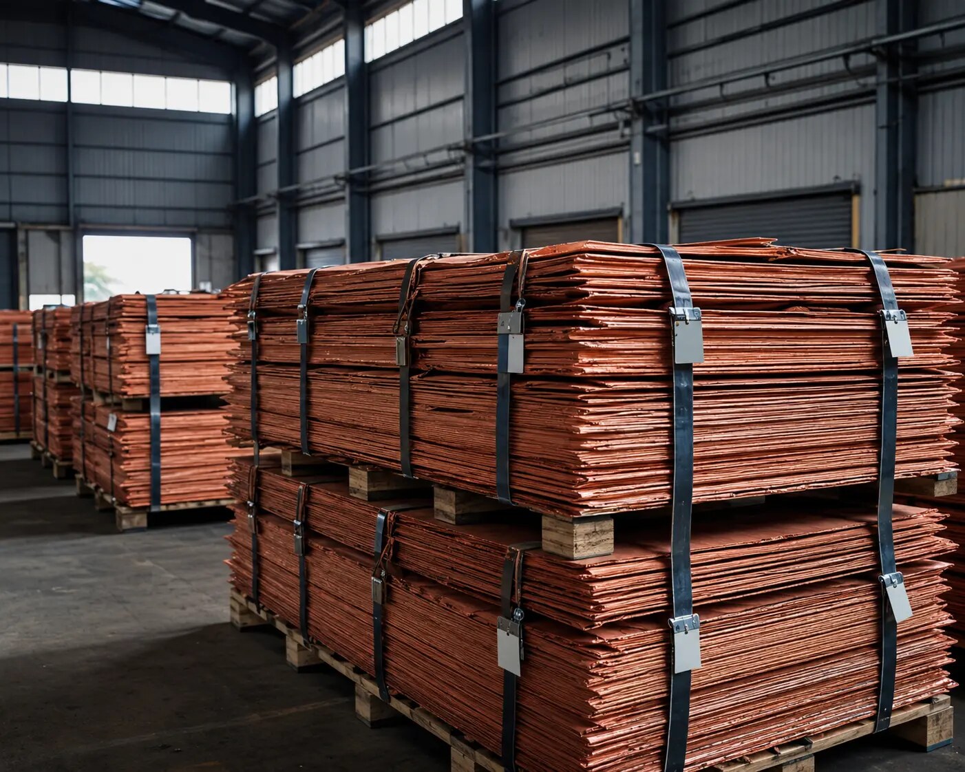 Representative strapped copper cathode bundles in an export warehouse