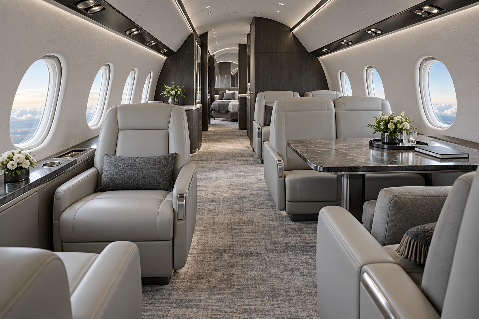 Representative luxury aircraft cabin with private work, dining and relaxation zones